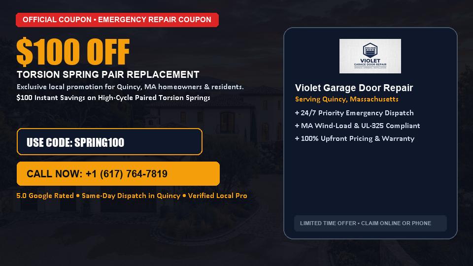 $100 OFF Dual High-Cycle Torsion Spring Replacement in Quincy, MA - Violet Garage Door Repair